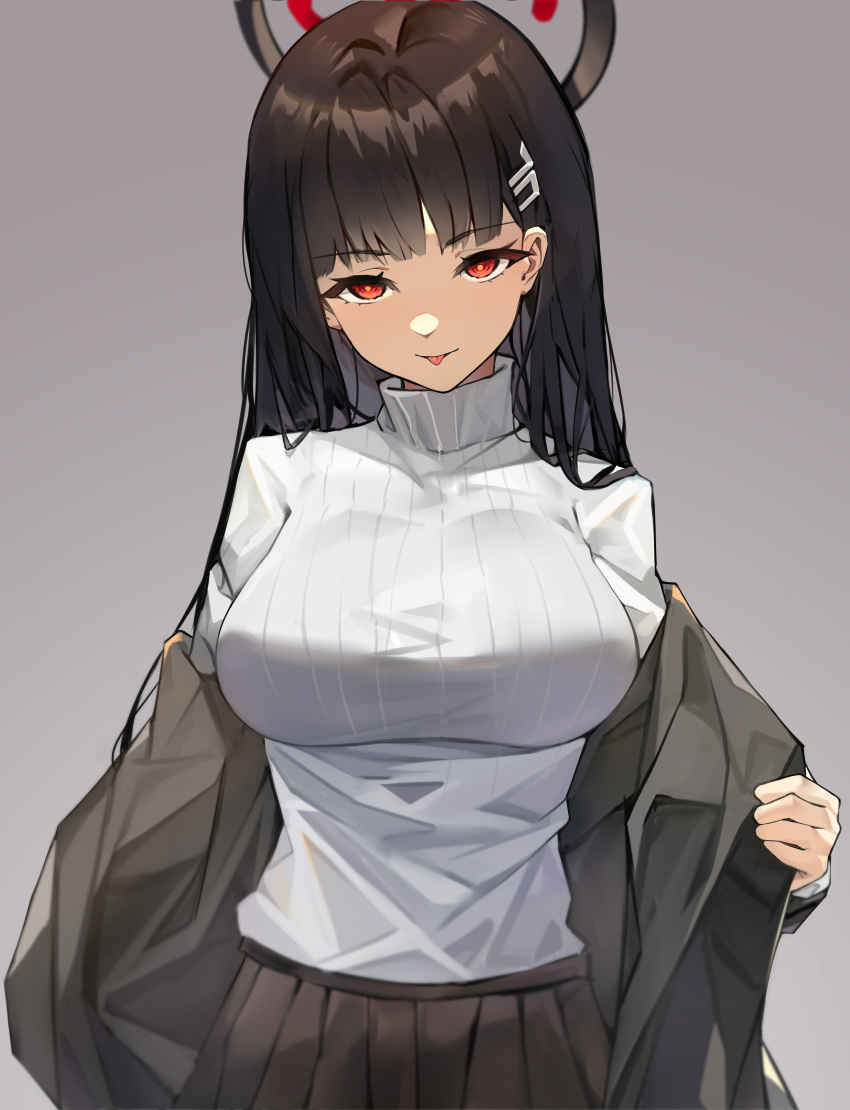 1girl absurdres black_hair black_skirt blue_archive blunt_bangs breasts bright_pupils gradient_background halo highres jacket large_breasts long_hair looking_at_viewer pleated_skirt red_eyes removing_jacket ribbed_sweater rio_(blue_archive) sakanafish skirt solo sweater tongue tongue_out turtleneck turtleneck_sweater white_sweater