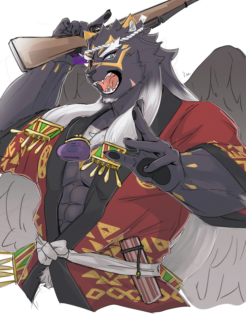 abs absurd_res anthro black_body black_fur felid fur green_eyes gun happi_(clothing) hi_res izm_rm7 lifewonders male mammal muscular muscular_anthro muscular_male pantherine pawpads pecs ranged_weapon rifle smile solo tezcatlipoca tokyo_afterschool_summoners weapon wings