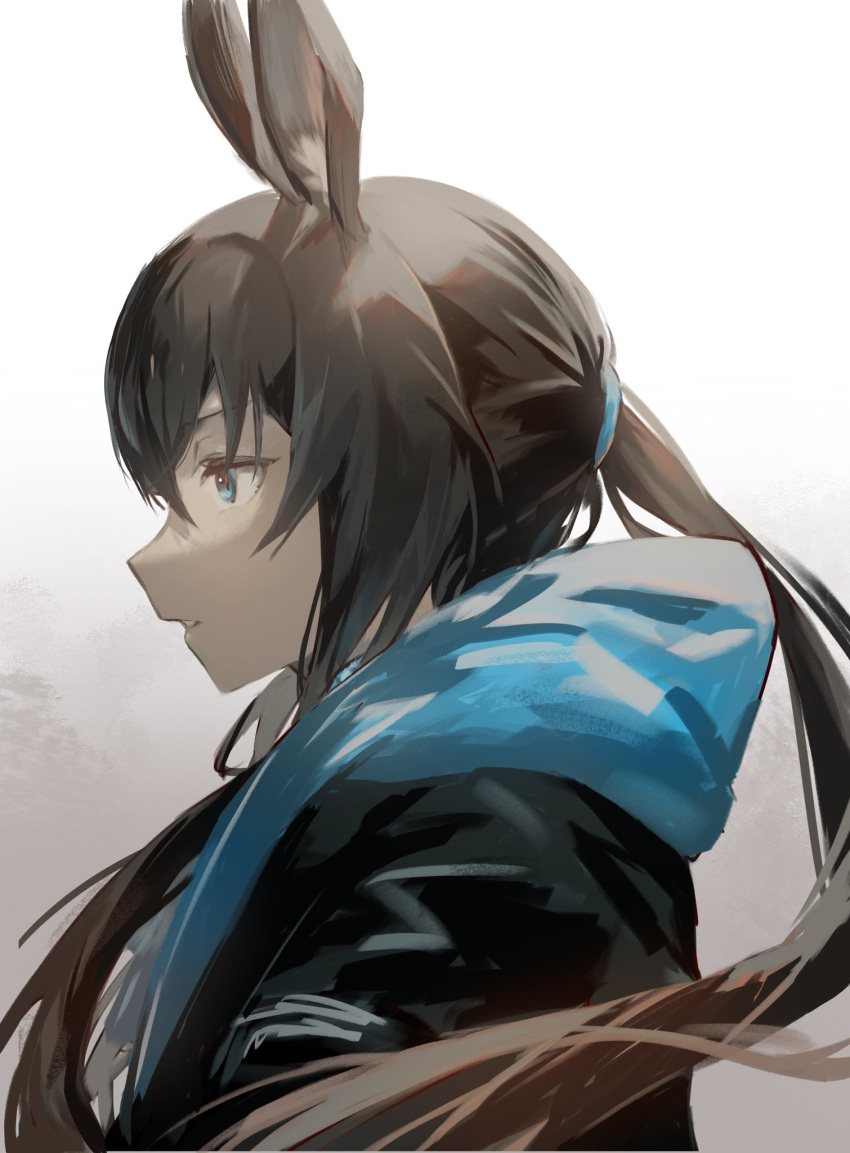 1girl amiya_(arknights) animal_ears arknights black_jacket blue_eyes brown_hair from_side highres hood hood_down hooded_jacket jacket kamanberu_sando long_hair parted_lips ponytail portrait profile rabbit_ears sidelocks simple_background solo white_background