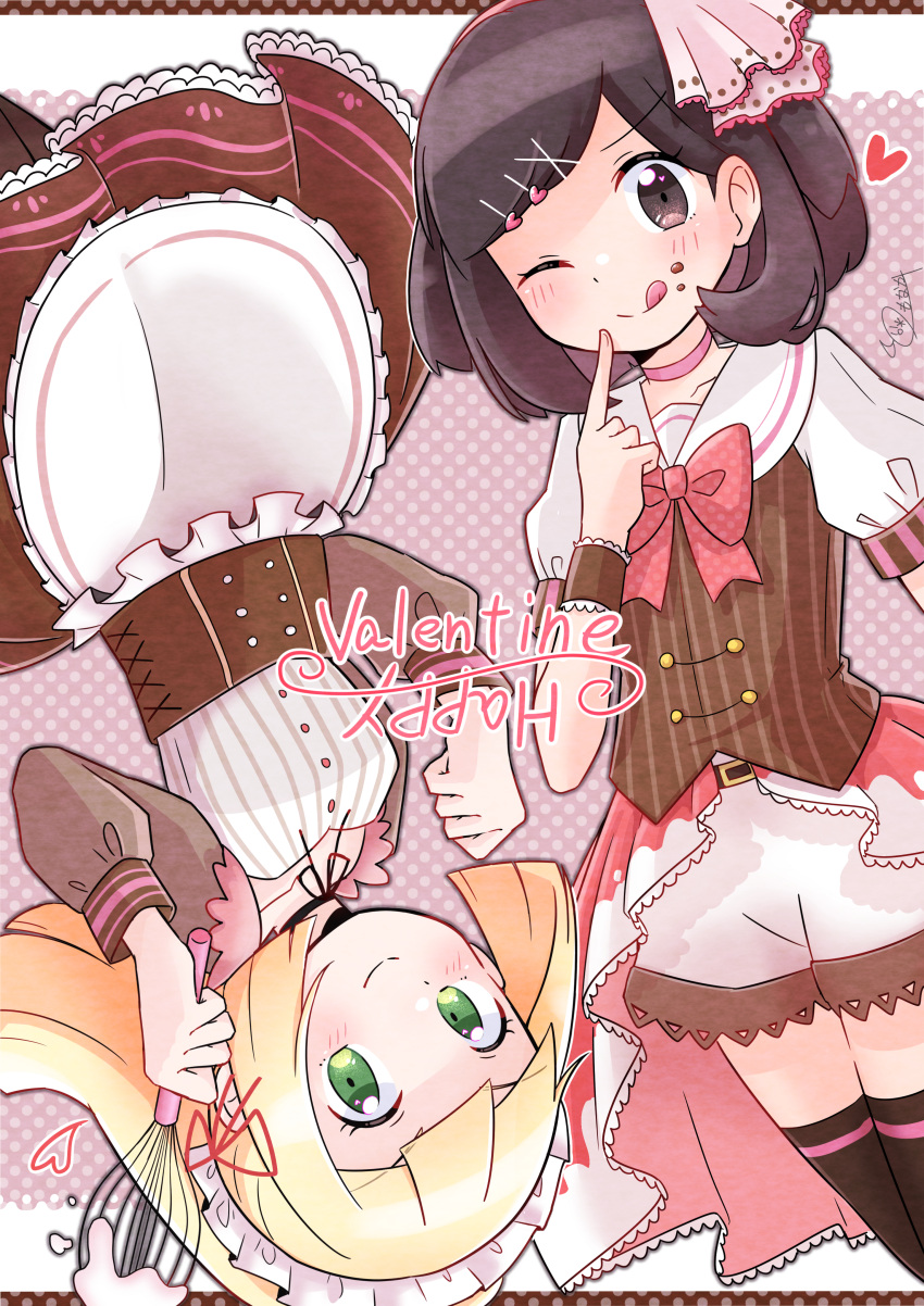 2girls ;) absurdres alternate_costume apron belt black_choker blonde_hair blush buttons chocolate chocolate_on_face choker clenched_hand closed_mouth collarbone commentary_request eyelashes food food_on_face frills green_eyes hair_ribbon hands_up happy_valentine heart highres holding holding_whisk lillie_(pokemon) long_hair long_sleeves looking_at_viewer maid_headdress monaka_(monaka_alola) multiple_girls one_eye_closed pokemon pokemon_(game) pokemon_sm ribbon selene_(pokemon) shirt shorts skirt smile split_mouth thighhighs valentine waist_apron whisk white_apron