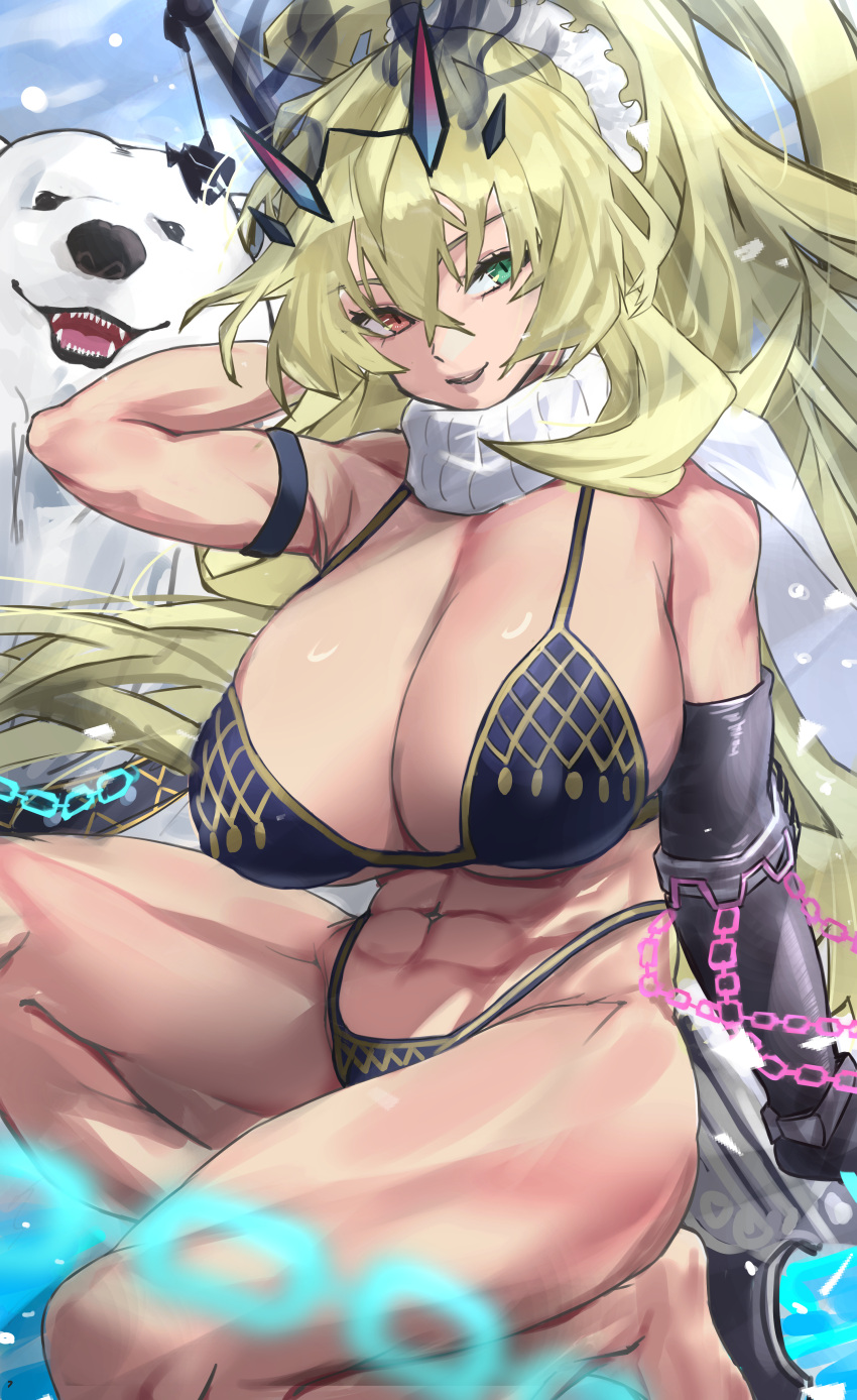 1girl abs absurdres axe bare_shoulders barghest_(fate) battle_axe bear biceps bikini black_bikini blonde_hair breasts chain cleavage fairy_knight_gawain_(ice_warrior)_(fate) fate/grand_order fate_(series) gauntlets green_eyes hair_ornament hair_scrunchie heterochromia high_ponytail highleg highleg_bikini highres horns huge_breasts long_hair looking_to_the_side muscular muscular_female navel nuo_(fttv3255) open_mouth polar_bear red_eyes scarf scrunchie sidelocks single_gauntlet smile solo_focus swimsuit thick_thighs thighs weapon white_scarf