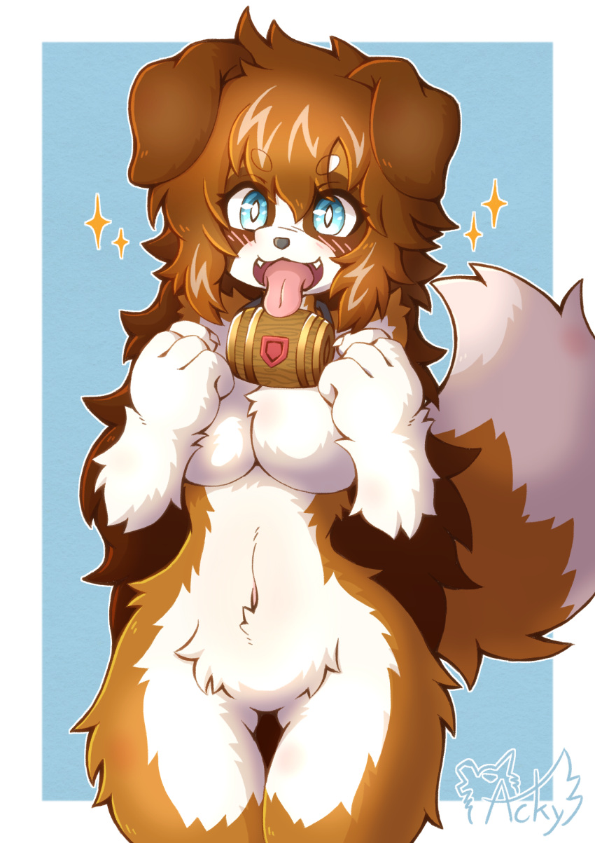 2023 4_fingers acky05 anthro barrel blue_eyes blush blush_lines breasts brown_body brown_fur brown_hair butt_from_the_front canid canine canis claws collar cute_fangs digital_media_(artwork) domestic_dog featureless_breasts featureless_crotch female female_anthro finger_claws fingers floppy_ears fluffy fur hair happy hi_res kemono mammal molosser mountain_dog multicolored_body multicolored_fur navel nude open_mouth open_smile portrait saint_bernard smile smiling_at_viewer solo tail tan_body tan_fur thigh_gap three-quarter_portrait tongue tongue_out white_body white_fur