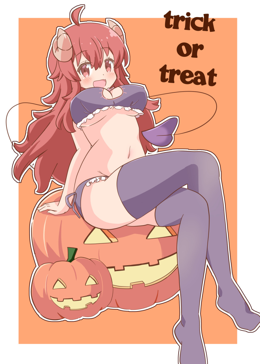 1girl :d ahoge arm_at_side arm_support black_thighhighs blush border breasts cat_lingerie cleavage commentary crossed_legs curled_horns curvy demon_girl demon_horns demon_tail fang foot_out_of_frame hair_between_eyes halloween happy highres horns jack-o'-lantern large_breasts long_hair looking_at_viewer machikado_mazoku meme_attire navel no_shoes open_mouth orange_background pon_sugar red_eyes red_hair sidelocks simple_background skin_fang smile solo stomach tail thighhighs thighs underboob very_long_hair wavy_hair white_border yoshida_yuuko_(machikado_mazoku)
