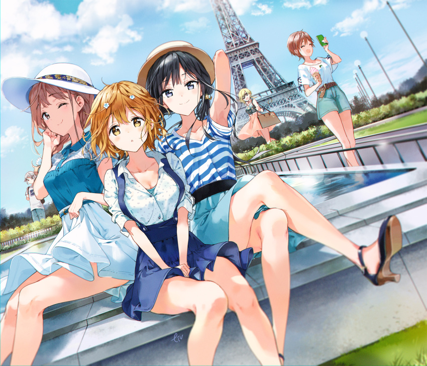 6+girls :o arm_up armpits bare_legs belt black_hair blush breasts brown_belt brown_hair character_request cleavage copyright_request denim dutch_angle eiffel_tower eyepatch flower food fountain hair_flower hair_ornament hand_on_own_face hands_on_lap hat high_heels highres ice_cream jeans long_hair medium_hair multiple_girls one_eye_closed orange_hair pants paris selfie shirt short_hair short_shorts shorts skirt striped striped_shirt tiv white_hair