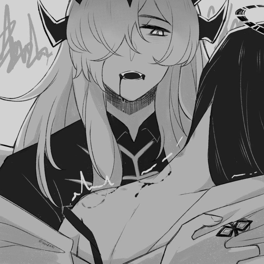 2girls arknights artist_name arturia_(arknights) bare_shoulders bite_mark bite_mark_on_neck bite_mark_on_shoulder blood blood_drip blood_from_mouth broken_halo dragon_horns eblana_(arknights) fangs greyscale hair_ornament hair_over_one_eye halo highres horns hug jacket jacket_partially_removed jewelry looking_at_another monochrome multiple_girls multiple_rings open_clothes open_jacket open_mouth partially_undressed ring seductive_smile shirt sihzari simple_background sketch smile teeth trembling twitter_username upper_body upper_teeth_only yuri