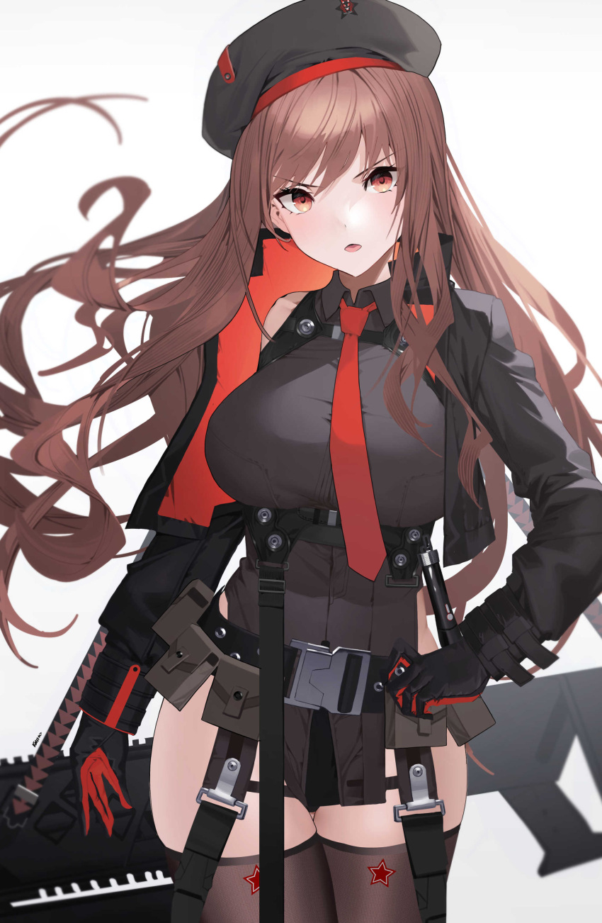 1girl absurdres asymmetrical_sleeves belt beret black_belt black_gloves black_shirt breasts brown_hair brown_thighhighs collared_shirt cropped_jacket floating_hair gloves goddess_of_victory:_nikke gun hat highres holding holding_gun holding_weapon large_breasts long_hair looking_at_viewer military_hat necktie open_mouth raitho rapi_(nikke) red_eyes red_necktie shirt simple_background solo strap suspenders thighhighs uneven_sleeves v-shaped_eyebrows very_long_hair weapon white_background