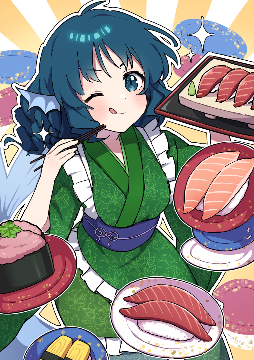 1girl absurdres blue_eyes blue_hair chopsticks closed_mouth drill_hair fins food green_kimono head_fins highres holding holding_chopsticks japanese_clothes kimono long_sleeves mermaid miz_(mizillustration) monster_girl obi one_eye_closed sash short_hair smile solo sushi tongue tongue_out touhou wakasagihime wide_sleeves