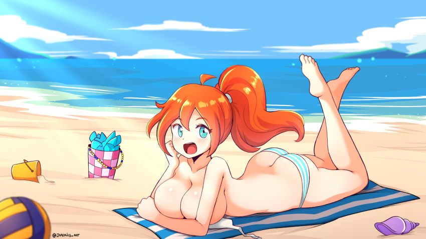 1girl ahoge ass barefoot beach between_breasts bikini bloom_(winx_club) blue_eyes breast_rest breasts bucket butt_crack cleavage collarbone curvy feet_up full_body hair_between_eyes highres jarckius large_breasts light_blush long_hair looking_at_viewer lying ocean on_stomach open_mouth orange_hair outdoors ponytail seashell shell sky smile solo striped striped_bikini summer sunlight swimsuit tareme towel untied_bikini_top volleyball wide_shot winx_club