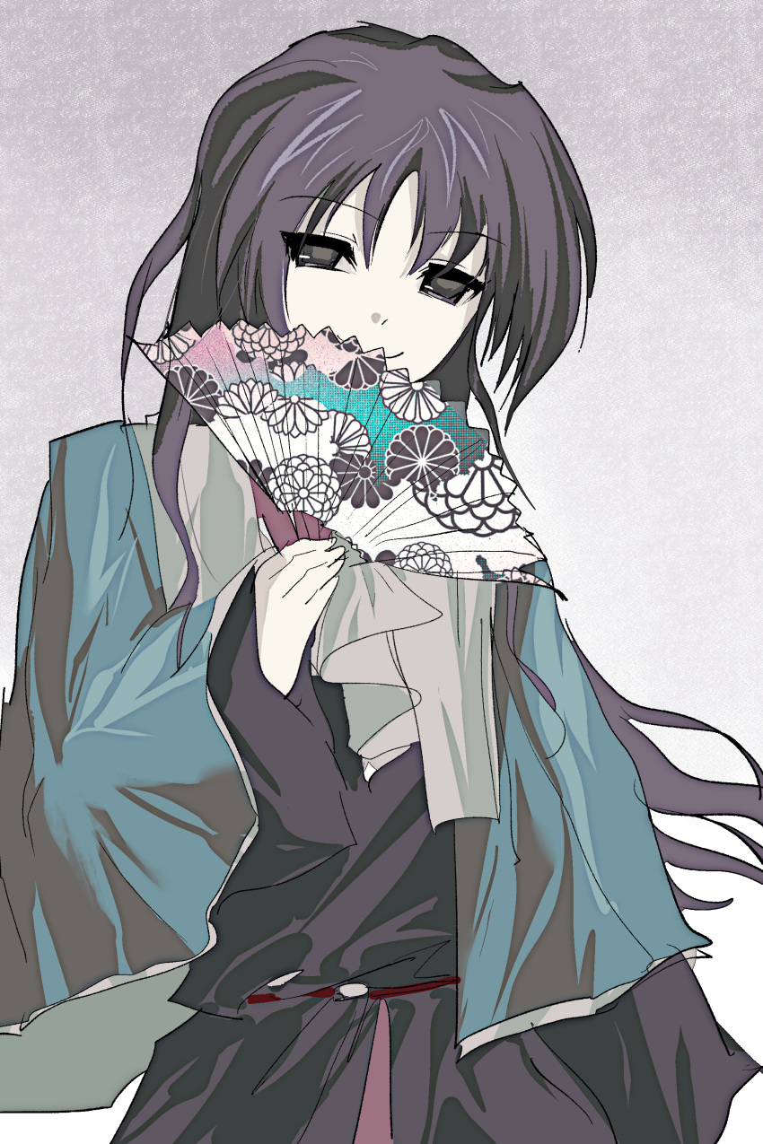 1other absurdres belt blue_capelet capelet clause closed_mouth coat commentary_request folding_fan grey_background hand_fan highres holding holding_fan kysk_maki len'en long_hair long_sleeves looking_at_viewer other_focus pale_skin pink_shirt print_folding_fan purple_coat purple_eyes purple_hair red_belt shirt simple_background sketch smile solo upper_body