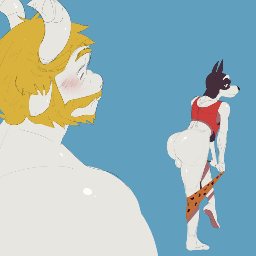 anthro anthro_on_anthro asgore_dreemurr balls beard blonde_hair blush boss_monster bottomwear bottomwear_down bovid butt canid canine canis caprine clothed clothing digital_media_(artwork) doggo_(undertale) domestic_dog duo erection facial_hair fur genitals hair hi_res horn ledange legs_up male male/male mammal mature_anthro mature_male nude pants pants_down partially_clothed presenting presenting_hindquarters simple_background surprised_expression undertale undertale_(series) underwear white_body