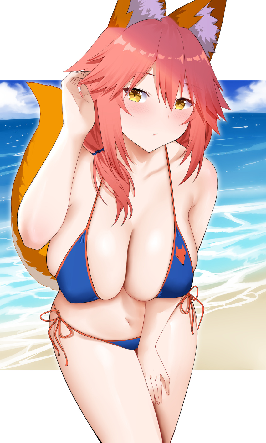 1girl absurdres adjusting_hair animal_ears arind_yudha armpit_crease bare_arms bare_shoulders beach bikini blue_bikini blue_sky breasts cleavage closed_mouth cloud cloudy_sky collarbone commentary day fate/grand_order fate_(series) fingernails fox_ears fox_girl fox_tail hair_tie hand_on_own_thigh highres huge_breasts leaning_forward looking_to_the_side low_ponytail navel ocean orange_trim outdoors pink_hair sand side-tie_bikini_bottom sky solo stomach swimsuit tail tamamo_(fate) tamamo_no_mae_(fate/extra) tamamo_no_mae_(swimsuit_lancer)_(fate) thighs white_background yellow_eyes