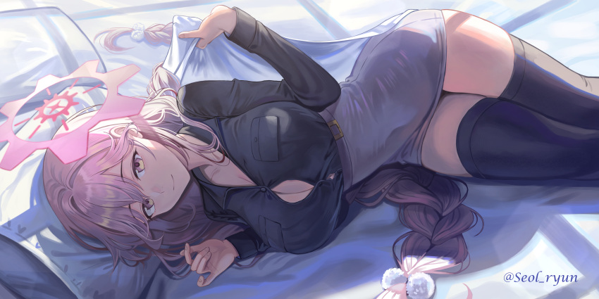 1girl absurdres aqua_eyes black_shirt blanket blue_archive braid breast_pocket breasts button_gap cleavage collared_shirt halo high-waist_skirt highres holding holding_blanket large_breasts long_braid long_hair long_sleeves lying miniskirt on_side pillow pink_hair pocket seolryun shirt skirt smile thighhighs tomoe_(blue_archive) twin_braids