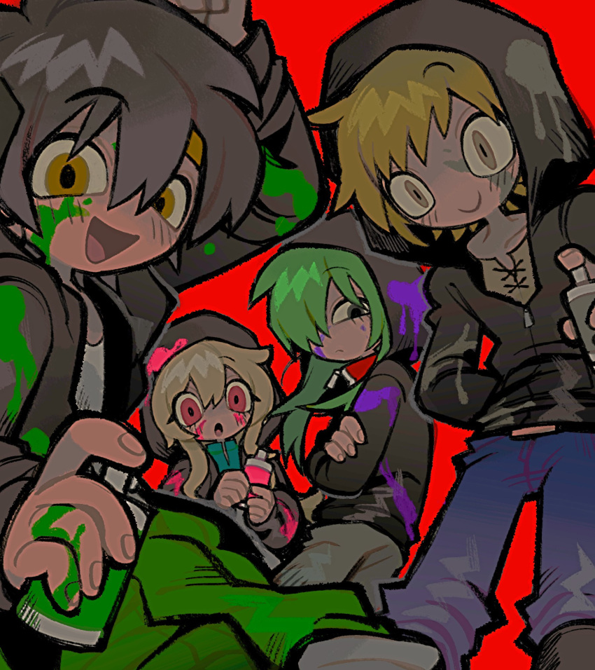 2boys 2girls black_hair black_jacket blonde_hair blue_pants can closed_mouth crossed_arms daze_(kagerou_project) fingernails graffiti green_eyes green_hair highres holding holding_can hood hood_up hooded_jacket jacket kagerou_project kano_shuuya kido_tsubomi kozakura_marry long_sleeves looking_at_viewer multiple_boys multiple_girls open_mouth pants pink_eyes red_background seto_kousuke simple_background tonkatsu184 white_hair yellow_eyes