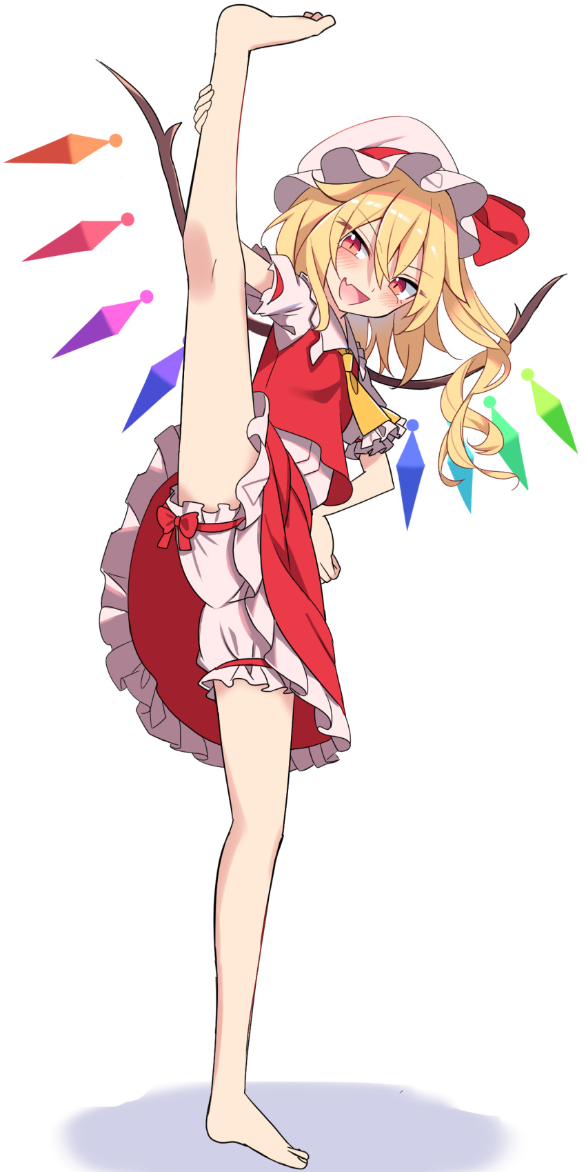 1girl absurdres ascot barefoot blonde_hair bloomers blush collared_shirt crystal e.o. fang flandre_scarlet frilled_shirt_collar frilled_skirt frilled_sleeves frills hair_between_eyes hat highres long_hair mob_cap one_side_up open_mouth red_eyes red_skirt red_vest shirt short_sleeves simple_background skin_fang skirt smile solo split standing standing_on_one_leg standing_split touhou underwear vest white_background white_bloomers white_headwear white_shirt wings yellow_ascot