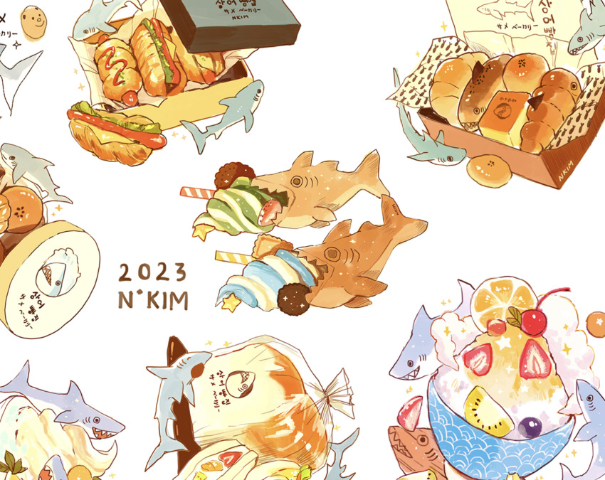 2023 artist_name bowl bread cherry eating food food_delivery_box fruit highres hot_dog ice_cream kiwi_(fruit) nadia_kim orange_(fruit) orange_slice original pastry pastry_box shark strawberry sweets whale whipped_cream