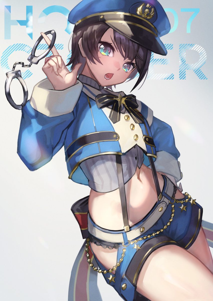 1girl absurdres angry blue_eyes blue_shorts bow brown_hair crop_top cropped_jacket cuffs english_text hand_on_own_hip handcuffs hat highres holding holding_handcuffs hololive looking_at_viewer midriff navel oozora_subaru open_mouth petcha_the_o police police_hat police_uniform policewoman short_hair shorts sidelighting solo stomach suspender_shorts suspenders tomboy uniform white_background