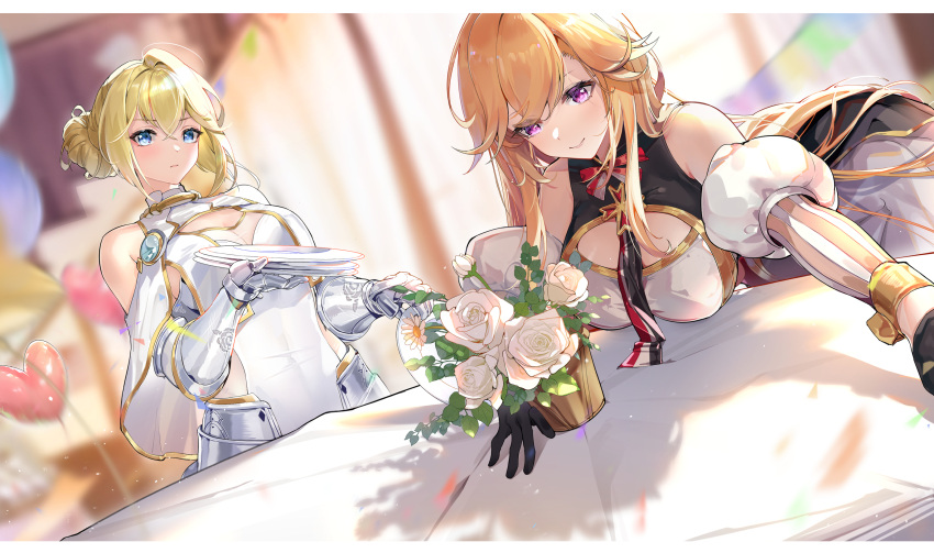 2girls azur_lane bare_shoulders bent_over black_gloves blonde_hair blue_eyes breasts cleavage dearduam detached_sleeves flower gloves gold_trim hair_between_eyes highres jeanne_d'arc_(azur_lane) juliet_sleeves large_breasts long_hair long_sleeves looking_at_viewer multiple_girls orange_hair puffy_sleeves purple_eyes richelieu_(azur_lane) rose vertical-striped_sleeves very_long_hair white_flower white_rose