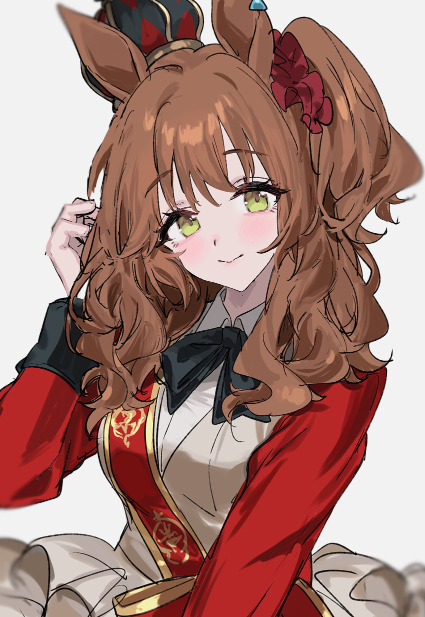 1girl alternate_hair_length alternate_hairstyle animal_ears aston_machan_(umamusume) blush brown_hair crown green_eyes hair_tucking highres horse_ears horse_girl long_hair long_sleeves looking_at_viewer m75255831 necktie one_side_up red_sash sash simple_background smile solo umamusume upper_body white_background