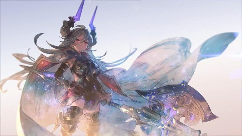 1girl armor armored_boots axe battle_axe black_gloves boots breastplate breasts cape closed_mouth draph elbow_gloves gloves granblue_fantasy grey_hair highres holding holding_axe holding_weapon horn_ornament horns large_breasts long_hair minaba_hideo official_art red_eyes red_skirt skirt solo threo_(granblue_fantasy) very_long_hair weapon white_cape