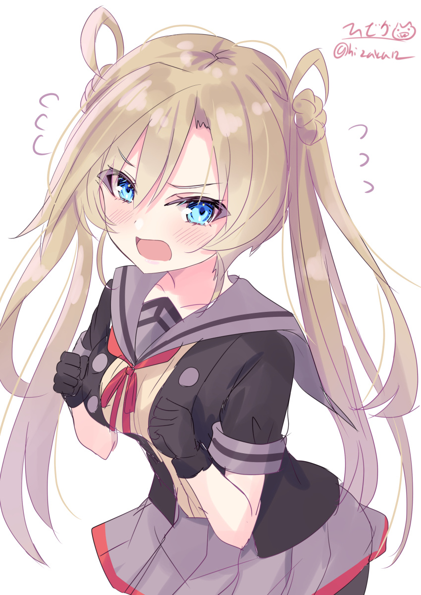 1girl absurdres abukuma_(kancolle) abukuma_kai_ni_(kancolle) black_gloves black_jacket blonde_hair blue_eyes double_bun flying_sweatdrops gloves grey_sailor_collar grey_skirt hair_between_eyes hair_bun hair_rings highres hizaka jacket kantai_collection long_hair neck_ribbon one-hour_drawing_challenge pleated_skirt red_ribbon ribbon sailor_collar school_uniform serafuku short_sleeves signature simple_background skirt solo twitter_username white_background