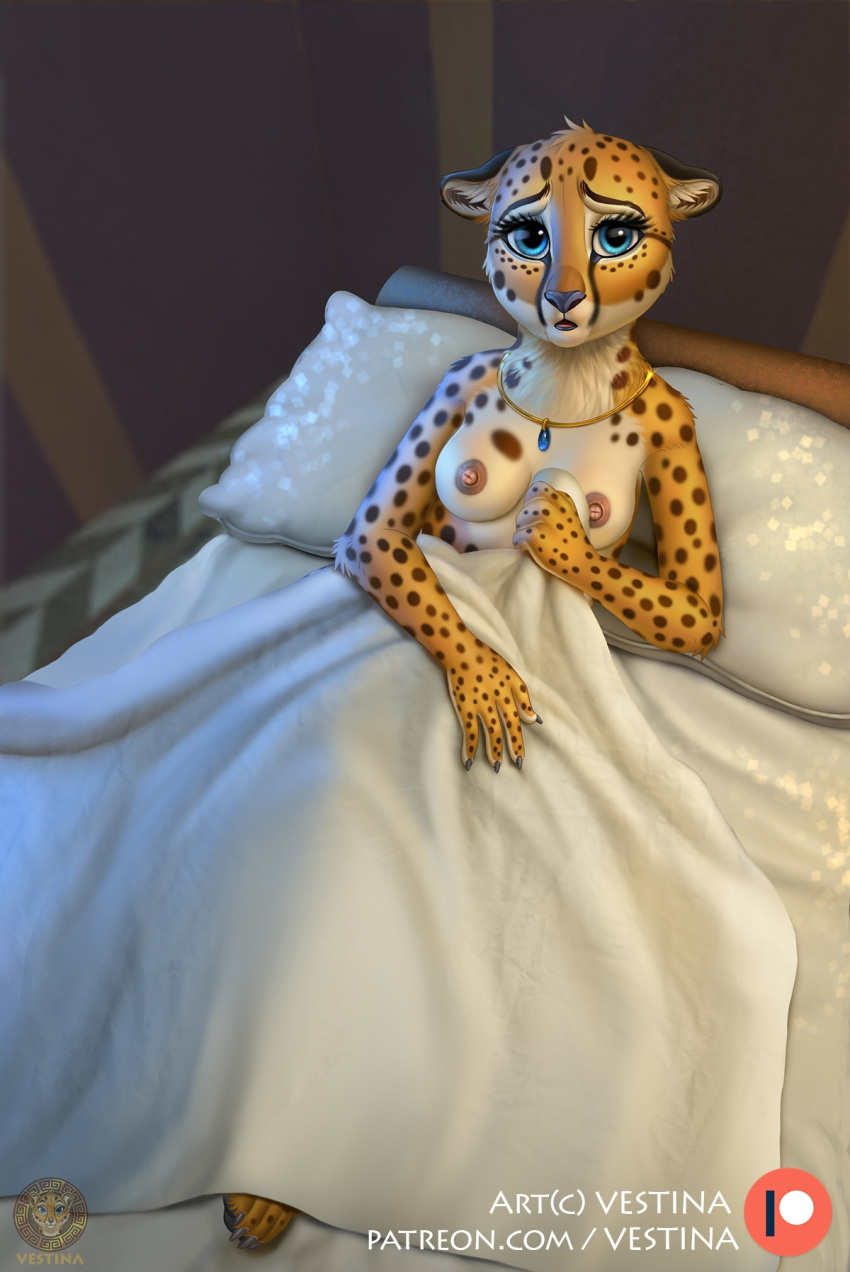 2023 4_fingers 4_toes all_fours anthro areola armlet bed bed_sheet bedding bedroom black_nose blue_eyes breasts brown_areola cheetah claws clothed clothing countershading digitigrade ears_down eyelashes feet felid feline female finger_claws fingers fur furniture gem gold_(metal) gold_armlet gold_jewelry hi_res hindpaw humanoid_hands inner_ear_fluff inside jewelry julia_(vestina) looking_at_viewer lying mammal multicolored_body multicolored_fur necklace nipples on_bed open_mouth orange_body orange_fur pawpads paws pillow pivoted_ears scared signature simple_background solo spots spotted_body spotted_fur text the_feast_of_nero toe_claws toes topless tuft two_tone_body two_tone_fur url vestina white_body white_fur yellow_body yellow_fur