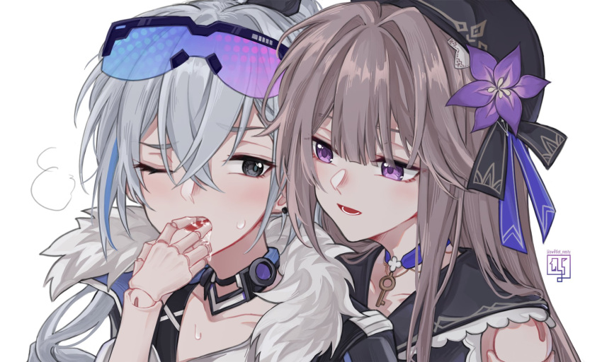 2girls akq_swhrta706 beret black_eyes black_headwear blush brown_hair choker doll_joints finger_in_another's_mouth fur-trimmed_jacket fur_trim goggles goggles_on_head grey_hair hair_intakes hat herta_(honkai:_star_rail) highres jacket jewelry joints key_necklace long_hair looking_at_another multicolored_hair multiple_girls necklace one_eye_closed open_mouth purple_choker purple_eyes saliva silver_wolf_(honkai:_star_rail) simple_background streaked_hair sweat twitter_username white_background yuri