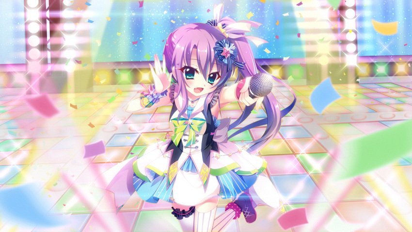 1girl armpits bead_necklace beads blue_eyes blue_skirt breasts brooch colored_lights confetti cross-laced_footwear dress floor_tiles frilled_wristband frills game_cg glint green_ribbon green_skirt hair_ornament hair_ribbon hair_scrunchie high_ponytail holding holding_microphone idol idol_clothes izumi_tsubasu jewelry layered_skirt leggings long_hair medium_breasts microphone multicolored_clothes multicolored_skirt necklace non-web_source official_art pink_wristband polka_dot purple_footwear purple_hair purple_ribbon re:stage! ribbon scrunchie shoes short_dress skirt sparkle stage stage_lights standing standing_on_one_leg star_(symbol) star_brooch striped striped_thighhighs thighhighs tsukisaka_sayu vertical-striped_leggings vertical-striped_thighhighs vertical_stripes very_long_hair white_leggings white_ribbon white_skirt wrist_cuffs zettai_ryouiki