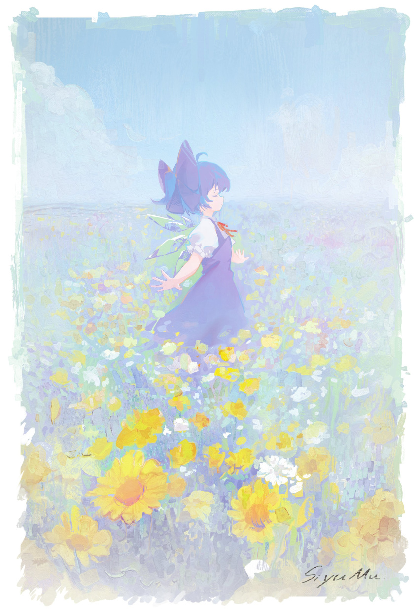 1girl absurdres blue_bow blue_dress blue_hair bow cirno closed_eyes closed_mouth detached_wings dress fairy flower from_side hair_bow highres ice ice_wings pinafore_dress profile shirt short_hair short_sleeves siyumu sleeveless sleeveless_dress solo touhou white_flower white_shirt wings yellow_flower