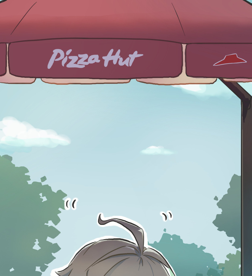 1boy ahoge alhaitham_(genshin_impact) cloud commentary day genshin_impact grey_hair highres out_of_frame outdoors pizza_hut sky solo tree xinzoruo