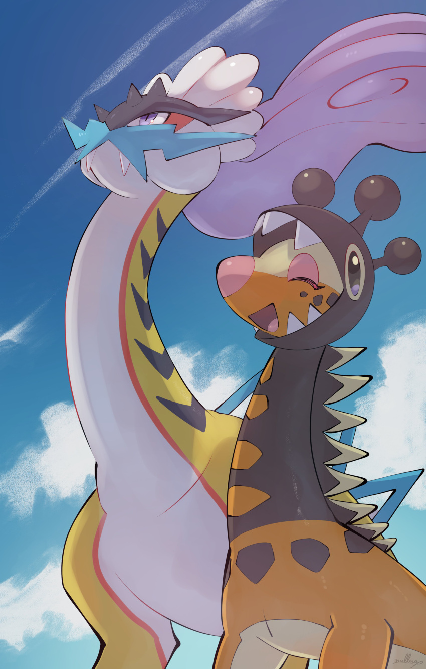 :d absurdres closed_eyes cloud commentary_request day fangs fangs_out farigiraf highres no_humans nullma open_mouth outdoors pokemon pokemon_(creature) purple_eyes raging_bolt sky smile tongue