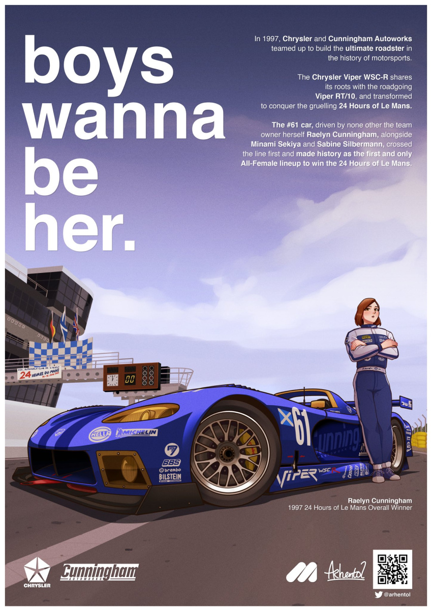 1girl :o arhentol blue_jumpsuit blush brown_hair car character_name checkered_flag cloud crossed_arms dodge dodge_viper english_commentary english_text flag highres jumpsuit looking_at_viewer motor_vehicle original qr_code race_vehicle racecar racing_suit raelyn_cunningham short_hair signature sky spoiler_(automobile) vehicle_focus vehicle_name