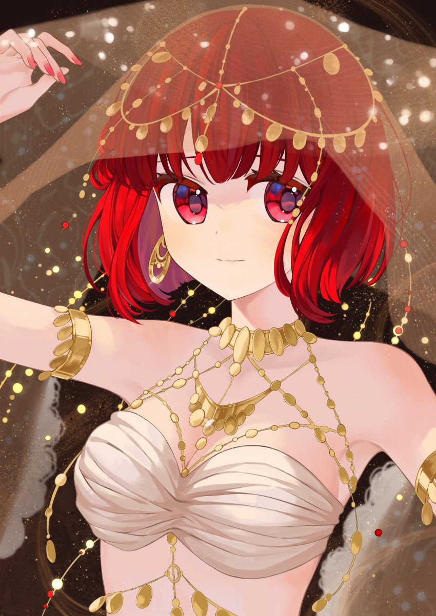 1girl arima_kana bare_shoulders black_background bob_cut closed_mouth earrings highres inverted_bob jewelry looking_to_the_side oshi_no_ko red_eyes red_hair see-through_shawl shawl shirt short_hair simple_background smile upper_body white_shirt xiang_yu_pai