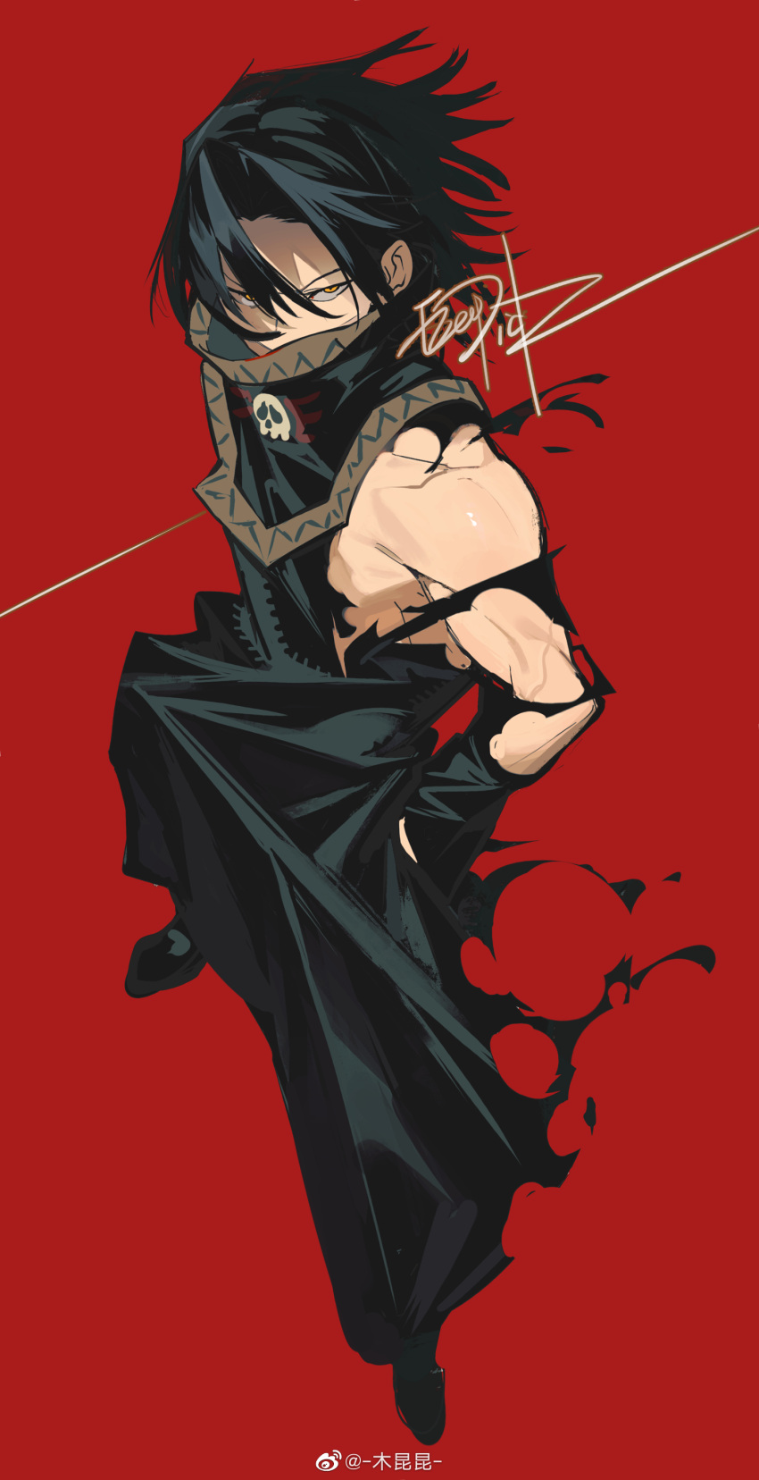 1boy absurdres black_hair feitan_portor from_above full_body glaring high_collar highres hunter_x_hunter long_sleeves looking_at_viewer male_focus red_background serious shengdoushi9 shirt short_hair skull_print solo standing toned toned_male torn_clothes