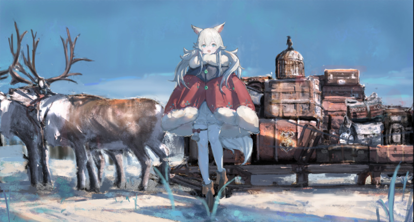 1girl animal_ears ankle_boots antlers bag bell blue_eyes blue_sky blush boots bow brown_bag brown_footwear cage chinese_commentary cloak commentary day duffel_bag frilled_shorts frills fur-trimmed_cloak fur_trim gumiaoandpeace hair_between_eyes highres long_hair looking_at_viewer open_mouth original outdoors pantyhose red_bow red_cloak reindeer shorts sidelocks sky sleigh smile snow solo suitcase thigh_strap white_hair white_pantyhose white_shorts wide_shot