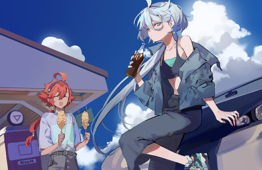 2girls ahoge belt car casual closed_eyes cloud cup gas_station glass_bottle grey_eyes gundam gundam_suisei_no_majo hairband highres holding holding_cup long_hair low_ponytail miorine_rembran motor_vehicle multiple_girls off_shoulder open_mouth otuming outdoors red_hair shoes sky sneakers sports_bra suletta_mercury thick_eyebrows