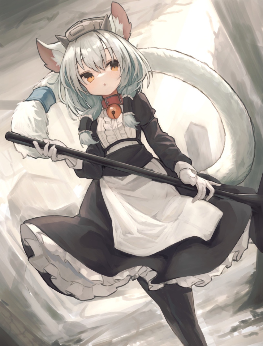 1girl animal_ear_fluff animal_ear_request animal_ears apron bell black_dress black_pantyhose breasts collar commentary dress feet_out_of_frame frilled_dress frilled_hair_tubes frills gloves grey_hair grey_headwear grey_horns hair_between_eyes hair_tubes hand_up highres holding horns jingle_bell kuzuteturondo long_hair long_sleeves long_tail looking_to_the_side maid neck_bell pantyhose parted_lips red_collar small_breasts solo tail tail_ornament tomisaka_yorui white_apron white_gloves white_tail yellow_eyes