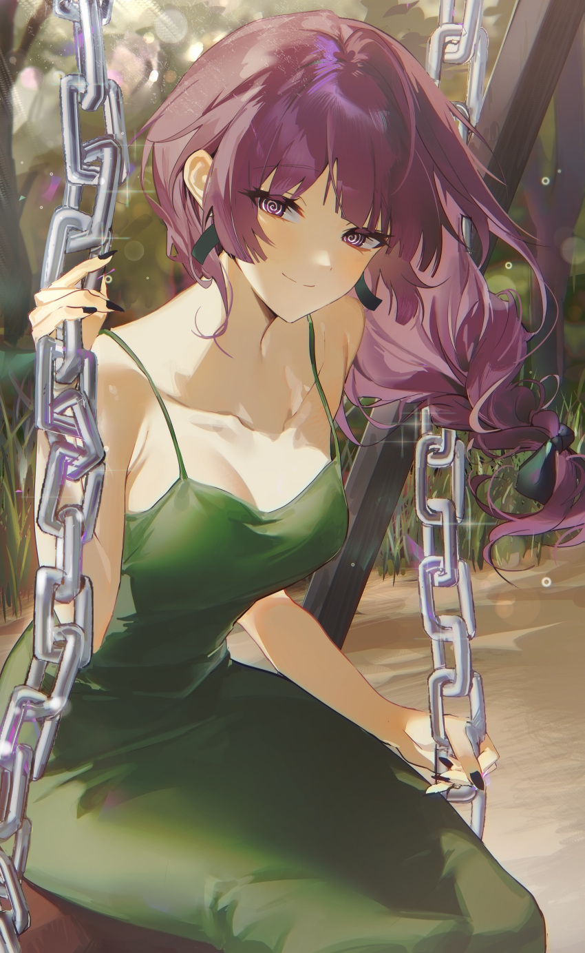 1girl @_@ absurdres black_nails blush bocchi_the_rock! breasts chain closed_mouth collarbone dress fingernails green_dress highres hiroi_kikuri long_hair looking_at_viewer medium_breasts nail_polish purple_eyes purple_hair sitting sleeveless sleeveless_dress smile solo zuzu_(wckd7545)