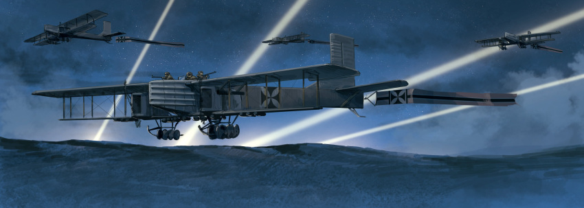 3boys absurdres aircraft airplane asterisk_kome banner biplane cloud cross gun highres iron_cross machine_gun military military_uniform military_vehicle multiple_boys night outdoors searchlight star_(sky) uniform vehicle_focus very_wide_shot weapon winged_fusiliers