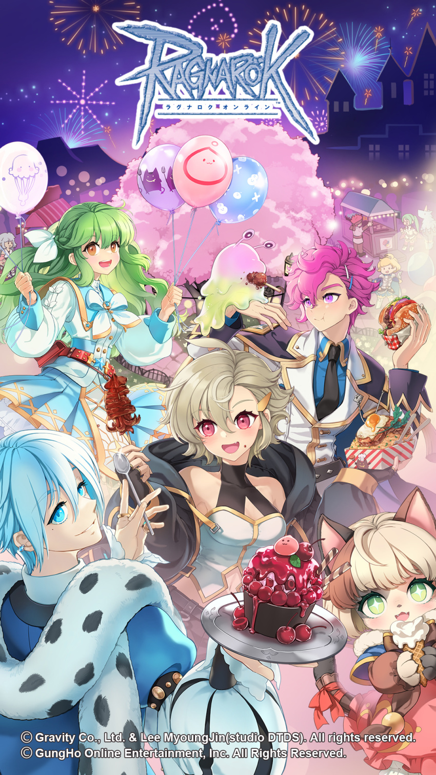 3boys 6+girls :t aerial_fireworks artist_request bayeri_(ragnarok_online) beef black_jacket black_necktie blazer blue_cape blue_coat blue_eyes blue_hair blue_shirt blue_skirt blush bow bowtie braid breasts brown_eyes burger cape castle cherry closed_mouth coat collared_shirt copyright_name crop_top deviruchi eating fang fireworks food food_on_face fork french_braid fried_egg fried_rice fried_squid fruit fur_scarf genetic_(ragnarok_online) green_eyes green_hair hair_between_eyes hair_ornament hairclip highres holding holding_food holding_plate holding_spoon hyper_novice_(ragnarok_online) imperial_guard_(ragnarok_online) jacket long_bangs long_hair looking_at_viewer marina_(ragnarok_online) medium_bangs medium_breasts meister_(ragnarok_online) messy_hair minstrel_(ragnarok_online) multiple_boys multiple_girls navel necktie night novice_(ragnarok_online) official_alternate_costume official_art official_wallpaper omelet omurice open_clothes open_jacket open_mouth outdoors pink_eyes pink_hair plate poring ragnarok_online rice scarf shirt short_hair skirt slime_(creature) smile spirit_handler_(ragnarok_online) spoon sura_(ragnarok_online) swordsman_(ragnarok_online) tree troubadour_(ragnarok_online) upper_body vanilmirth_(ragnarok_online) vending_cart wafer_stick white_bow white_bowtie white_jacket white_scarf white_shirt