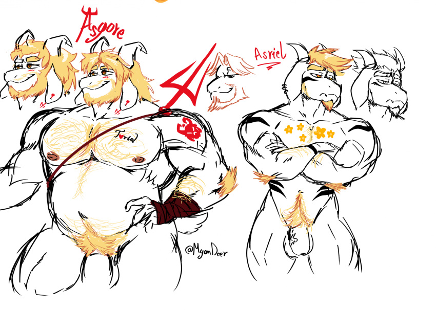 &lt;3 2023 aged_up anthro arm_hair arm_tattoo asgore_dreemurr asriel_dreemurr barazoku beard big_biceps biped blonde_beard blonde_body_hair blonde_hair blonde_pubes blush body_hair body_writing boss_monster bovid caprine character_name chest_hair chest_tattoo crossed_arms duo ear_piercing facial_hair father_(lore) father_and_child_(lore) father_and_son_(lore) flaccid floppy_ears flower_tattoo fur genitals goat hair hand_wraps heart_tattoo hi_res horn looking_away male mammal markings melee_weapon morgandeer musclegut muscular muscular_anthro muscular_male name_in_text nipples nude parent_(lore) parent_and_child_(lore) parent_and_son_(lore) pecs penis piercing polearm pubes resigned side_by_side signature simple_background smile son_(lore) standing tail tan_nipples tattoo trident undertale undertale_(series) vein veiny_penis weapon white_background white_body white_fur white_penis wraps yellow_eyes