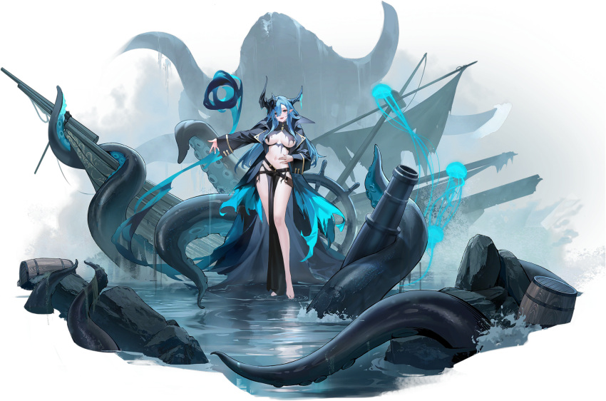 1girl artist_request asymmetrical_bangs azur_lane barefoot belt black_coat blue_eyes blue_hair blue_horns breasts breasts_apart coat dragon_horns dress full_body hair_between_eyes hand_on_own_hip highres horns large_breasts legs long_hair long_sleeves looking_at_viewer mary_celeste_(azur_lane) navel no_bra official_art open_clothes open_coat open_mouth outstretched_arm pelvic_curtain pointy_ears revealing_clothes rigging rock sailing_ship ship sidelocks smile smoke solo spread_navel standing standing_on_liquid stomach tentacles thighs toenails torn_clothes torn_dress underboob very_long_hair water watercraft waves wide_sleeves