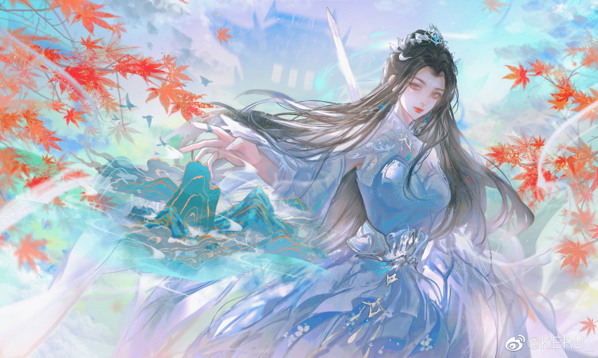 1girl absurdres blue_dress brown_hair building closed_mouth dress earrings expressionless facial_mark forehead_mark highres holding holding_sword holding_weapon jewelry keru_(artist) leaf long_hair looking_at_viewer lu_xueqi_(zhu_xian) maple_leaf mountain reaching reverse_grip sword tiara upper_body weapon zhu_xian