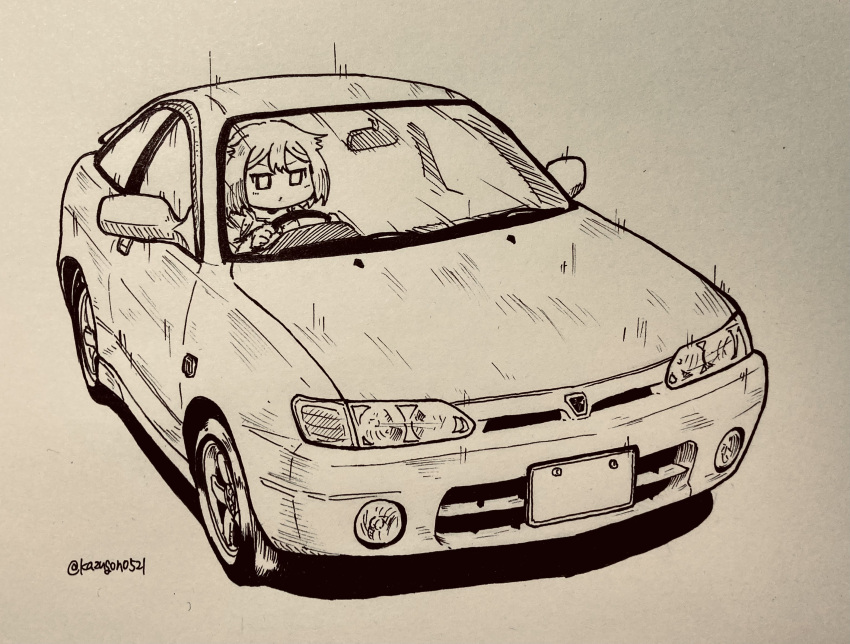 1girl car cevio commentary_request datsan driving highres marker monochrome motor_vehicle one_(cevio) short_hair solo toyota toyota_corolla_levin twitter_username