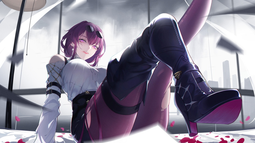 1girl absurdres arm_belt belt black_belt black_footwear black_shorts boots breasts building change_(1044080555) earrings eyelashes foot_out_of_frame hair_between_eyes high_heel_boots high_heels highres honkai:_star_rail honkai_(series) indoors jewelry kafka_(honkai:_star_rail) lamp large_breasts legs_up lipstick long_hair looking_at_viewer looking_down makeup outstretched_leg pantyhose pantyhose_under_shorts petals purple_eyes purple_hair purple_pantyhose rose_petals round_eyewear shirt shorts sidelocks single_thigh_boot sitting smile solo sunglasses thigh_boots thighs white_shirt window