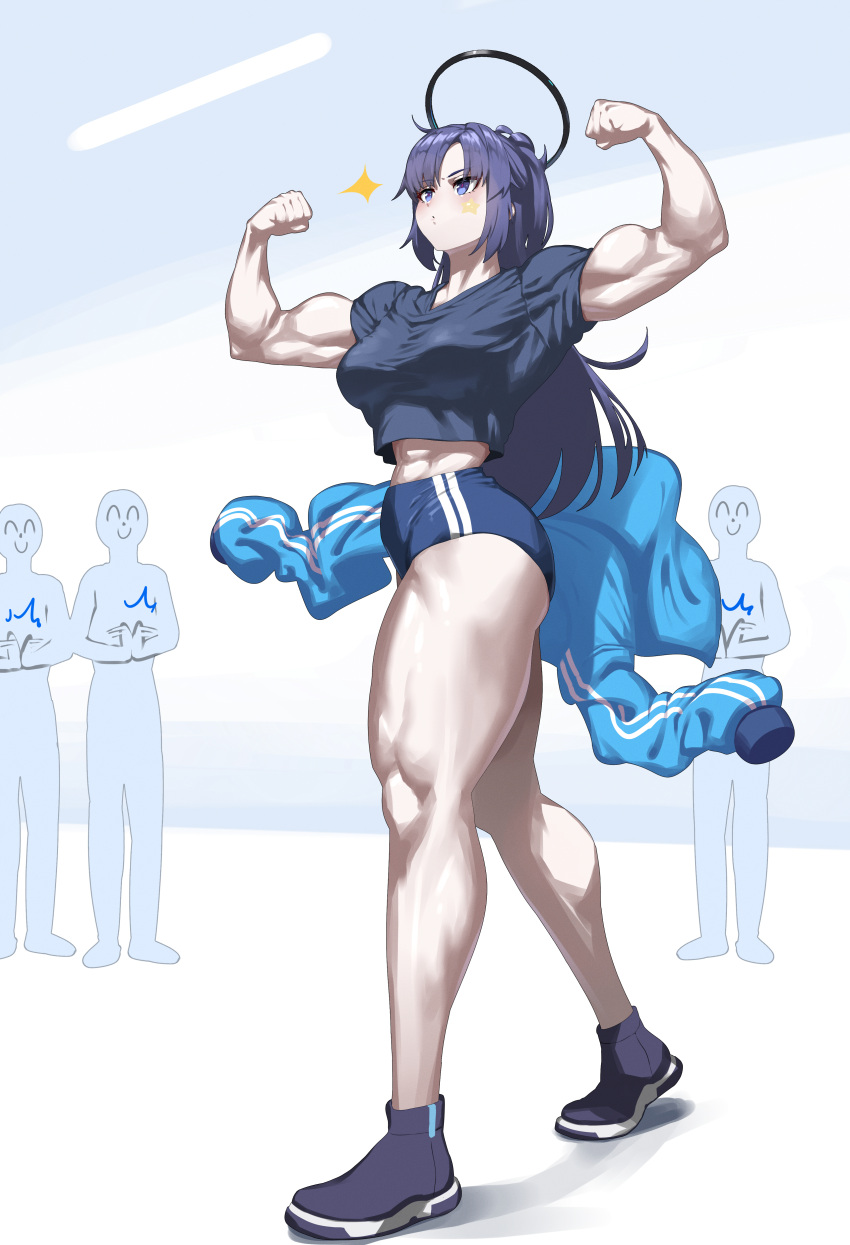 1girl 3others abs absurdres biceps blue_archive clapping commission double_biceps_pose flexing highres jacket long_hair midriff multiple_others muscular muscular_female pixiv_commission purple_eyes purple_hair qtime4_702 shoes shorts smile sneakers sparkle thick_thighs thighs undressing yuuka_(blue_archive)