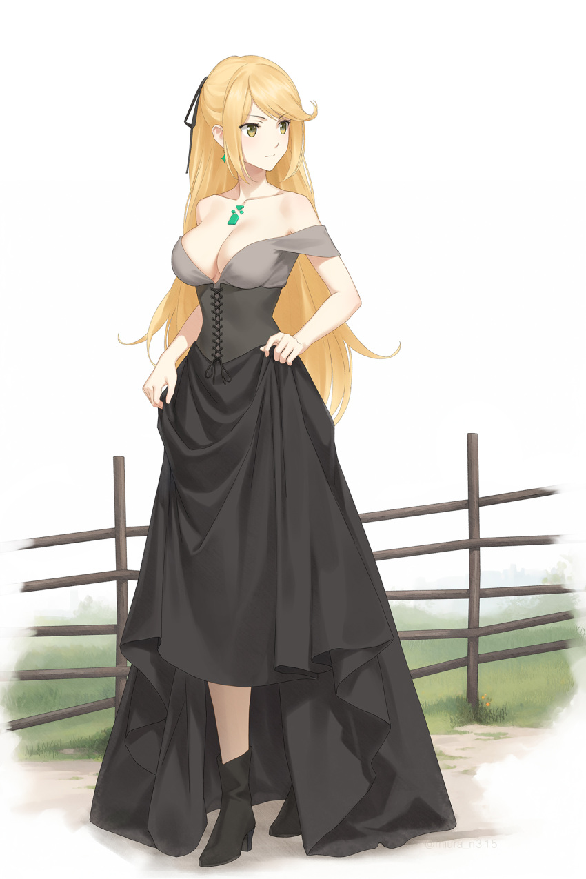 1girl alternate_costume bare_shoulders black_footwear black_skirt blonde_hair breasts chest_jewel cleavage corset day dress fence full_body highres long_hair long_skirt looking_to_the_side medium_breasts miura-n315 mythra_(xenoblade) off-shoulder_dress off_shoulder outdoors skirt skirt_hold solo swept_bangs very_long_hair xenoblade_chronicles_(series) xenoblade_chronicles_2 yellow_eyes