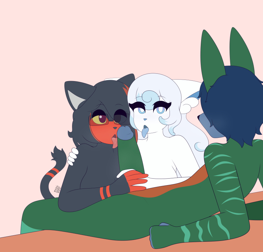 absurd_res alolan_form alolan_vulpix anthro black_body black_fur blue_hair eye_contact eyewear fan_character fellatio female fur generation_7_pokemon genitals glasses green_body green_fur group hair hi_res kneeling_oral_position lagomorph leporid litten looking_at_another looking_at_partner lying male male/female mammal max_draws nintendo nude on_back open_mouth oral penile penis pokemon pokemon_(species) rabbit rear_view red_body red_fur regional_form_(pokemon) sex sitting tongue tongue_out trio white_body white_fur