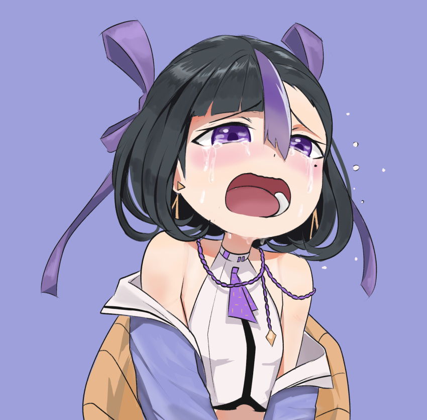 1girl black_hair crop_top crying crying_with_eyes_open goddess_of_victory:_nikke hair_ribbon highres jacket medium_hair mikkotine multicolored_hair necktie open_mouth purple_background purple_eyes purple_hair purple_jacket purple_necktie purple_ribbon ribbon shirt simple_background solo streaked_hair syuen_(nikke) tears upper_body white_shirt
