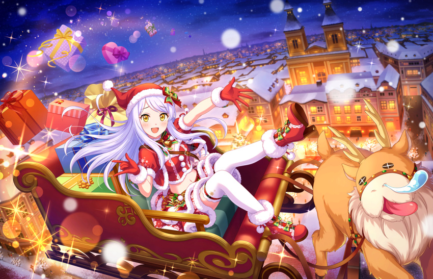 +_+ 1girl blitzen blush christmas cupola eve_santaclaus flying footwear_ribbon gift gloves hair_ribbon harness hat idolmaster idolmaster_cinderella_girls long_hair looking_at_viewer midriff navel nose_bubble official_art open_mouth red_footwear red_gloves red_skirt reindeer ribbon rooftop santa_costume santa_hat skirt sky sleigh snow star_(sky) starry_sky thighhighs white_hair white_thighhighs yellow_eyes