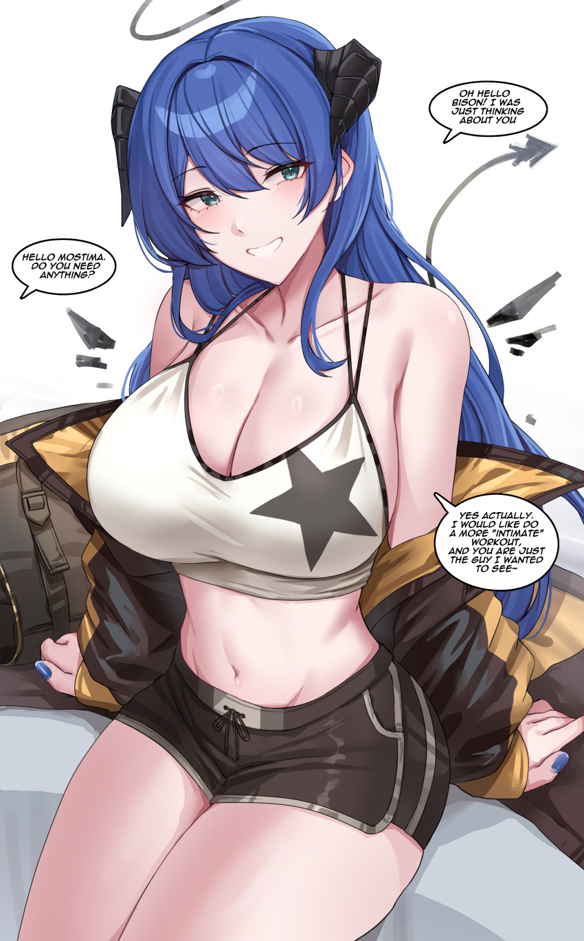 1girl absurdres arknights arm_support bare_shoulders black_shorts blue_eyes blue_hair blue_nails breasts camisole cleavage commentary crop_top demon_horns demon_tail grin halo highres horns kanta_(kanta_077) large_breasts long_hair looking_at_viewer midriff mostima_(arknights) nail_polish navel off_shoulder official_alternate_costume short_shorts shorts sitting smile solo spaghetti_strap speech_bubble star_(symbol) star_print stomach tail thighs very_long_hair white_background